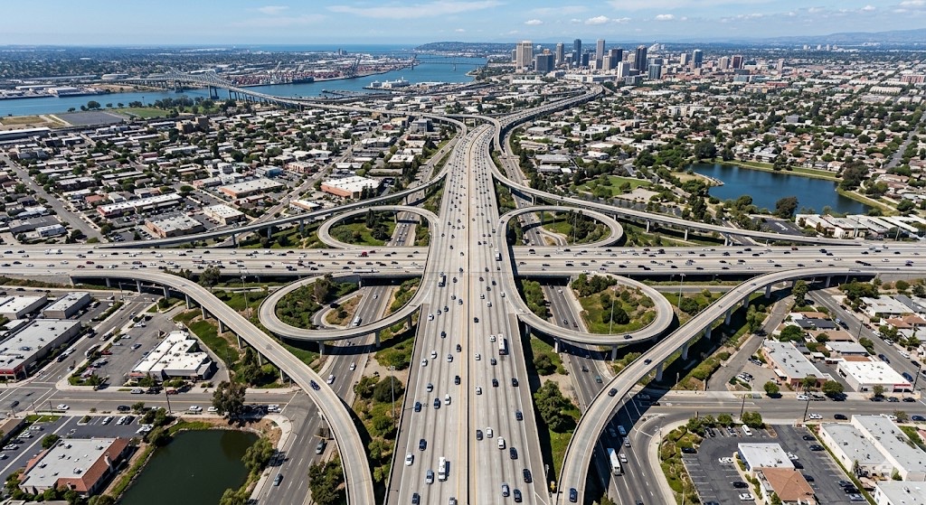 Aerial view of highway interchange and traffic lanes